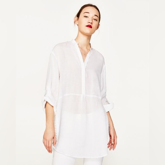 Zara White Lightweight Tunic Split Hem Pom Pom Detail Size Large - Picture 1 of 12